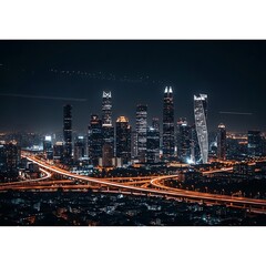 Cityscape at night, illuminated by traffic lights.