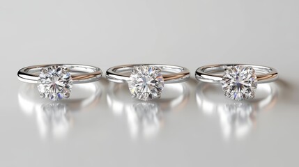 Three Distinct Diamond Rings in Precious Metal Finishes with Reflective Surface