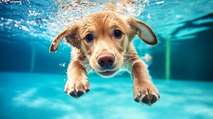 Underwater playful golden labrador retriever puppy splashing joyfully in a clear outdoor swimming pool