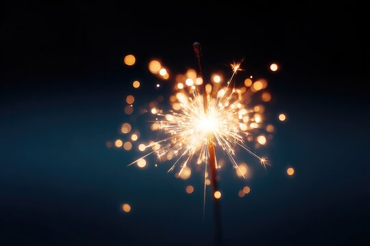 minimalist image of single sparkler burning on black background with golden bokeh centered with copy space