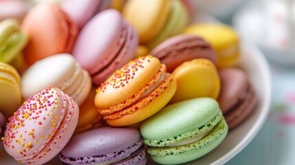 Vibrant assortment of colorful macarons arranged on an elegant porcelain plate for a refined dessert presentation
