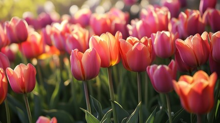 Vibrant Field of Colorful Tulips in Full Bloom in a Sunny Garden Landscape