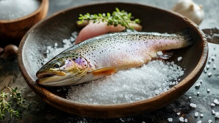 Vibrant image of fresh rainbow trout sprinkled with high quality kosher salt on a rustic wooden table setting