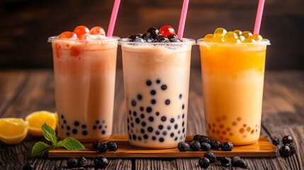 Vibrant refreshing bubble tea drink with rich milk and chewy tapioca pearls in a glass cup