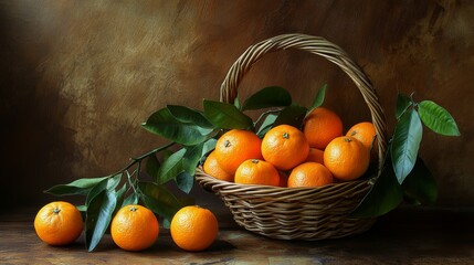 Vibrant still life scene depicting tangerines arranged in a woven basket on a rustic table