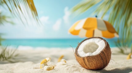 Vibrant Tropical Beach Scene Featuring Colorful Coconut Fruits and Relaxing Sun Umbrella for a Refreshing Summer Getaway