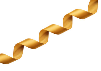 A long, swirling golden satin ribbon with elegant curls and twists. Isolated on transparent background, png