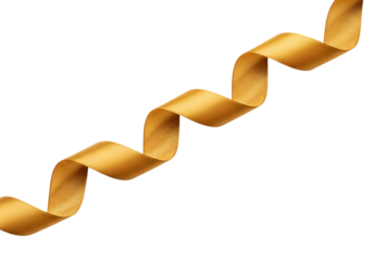 A long, swirling golden satin ribbon with elegant curls and twists. Isolated on transparent background, png