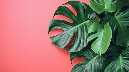 Vibrant Tropical Dragon Tail Monstera and Epipremnum Pinnatum Leaves on Warm Coral Color Background in a Minimal Summer Setting