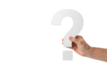 A person's hand holding a large, three dimensional white question mark. Isolated on transparent background, png
