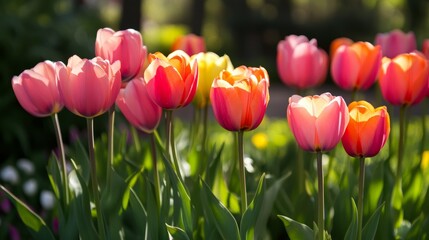 Vibrant Tulip Garden in Full Bloom on Sunny Spring Day