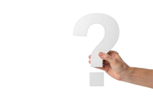 A person's hand holding a large, three dimensional white question mark. Isolated on transparent background, png