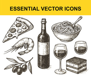 Italian Food and Drink Sketch Icons food icons drink icons