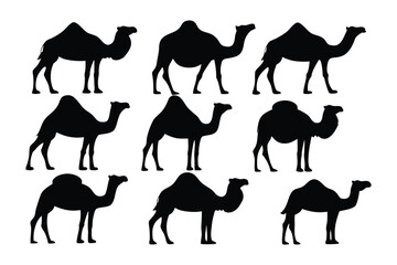 A charming collection of ten identical black silhouette baby chicks standing with their feet spread on a white background