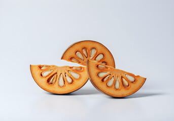 Three Sliced Bael Fruits on White Background food orange