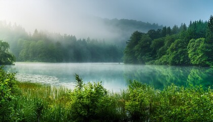a beautiful misty lake scene amidst a lush green forest