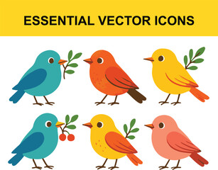Six colorful cartoon birds holding branches and berries