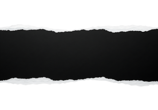 Torn black paper with a ripped horizontal gap revealing the center. Isolated on transparent background, png