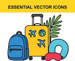 Yellow suitcase with blue backpack and travel pillow