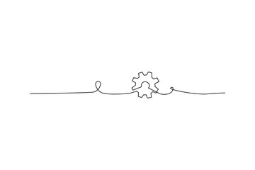 Continuous line art of gear, representing process or mechanism White background with black line Simple design