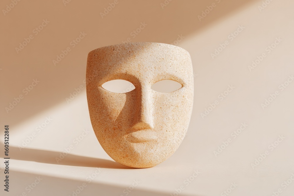 Poster minimalist image of single handmade festival mask on clean background with soft shadow and copy spac