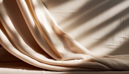 aesthetic natural textile background with abstract sunlight shadow neutral beige linen draped fabric copy space