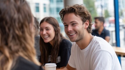 Fototapeta premium Friends Laughing and Talking Together During Coffee Break at Outdoor Cafe