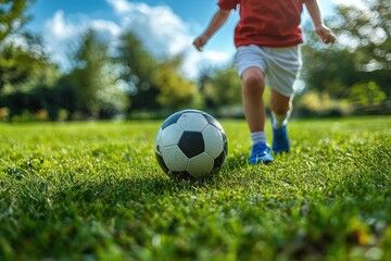 Fototapeta premium Young boy playing soccer on a sunny grassy field outdoors
