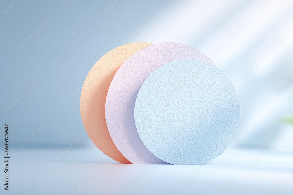 Poster minimalist abstract composition of overlapping geometric shapes in pastel tones on white background 