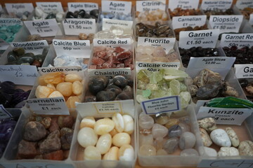 Arts And Craft Centre, Edwinstowe, Nottinghamshire, England - July 21 2025: Colourful gemstone display at a craft exhibition