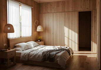 Warm wood paneled bedroom with natural light interior