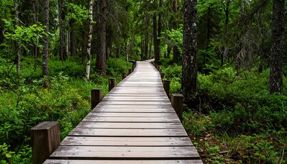 Obraz premium Wooden path through a lush green forest