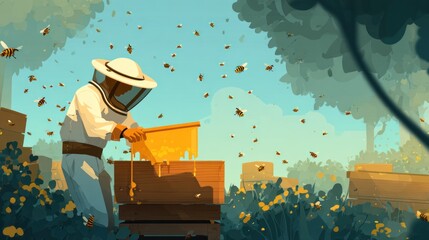 Beekeeper harvesting honey