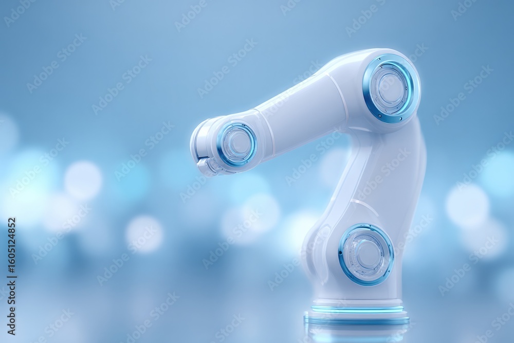 Poster sleek robotic arm performs precise tasks in spotless high-tech environment