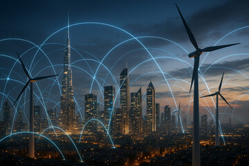 Smart eco city powered by ethical AI network and renewable tech, showing green infrastructure and digital transformation