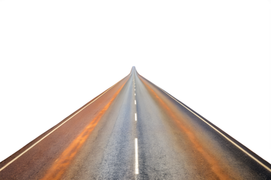 An empty asphalt road stretching forward into the distance, isolated on a transparent background