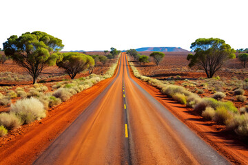 A long, straight road through the australian outback with red earth and sparse vegetation isolated on transparent background