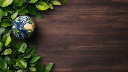 Earth day promotion with vibrant green leaves and globe on wooden texture