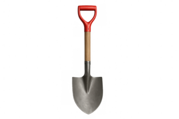 Metal gardening shovel featuring wooden handle, red grip handle, resting against clean white background