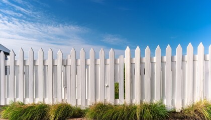 a classic white wooden picket fence with evenly spaced vertical slats representing a traditional and charming look for gardens and yards