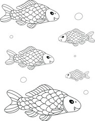 Connecting game with carp fishes. Match fish and food in correct size. Outline illustration. Vector worksheet for preschool children.