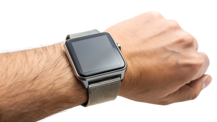 A persons wrist wearing a modern smartwatch with a textured band and a bright, iconfilled screen isolated on transparent background