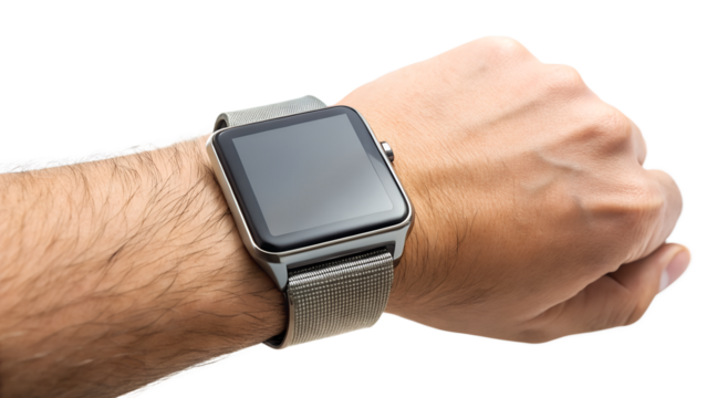 A persons wrist wearing a modern smartwatch with a textured band and a bright, iconfilled screen isolated on transparent background