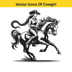 Obraz premium Cowgirl Riding Horse with Braid and Blowing Hat – Western Line Art Vector