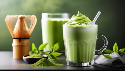 creamy iced matcha latte with swirling green tea and milk refreshing and vibrant