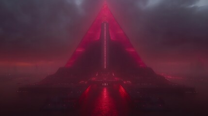 Crimson pyramid city in mist