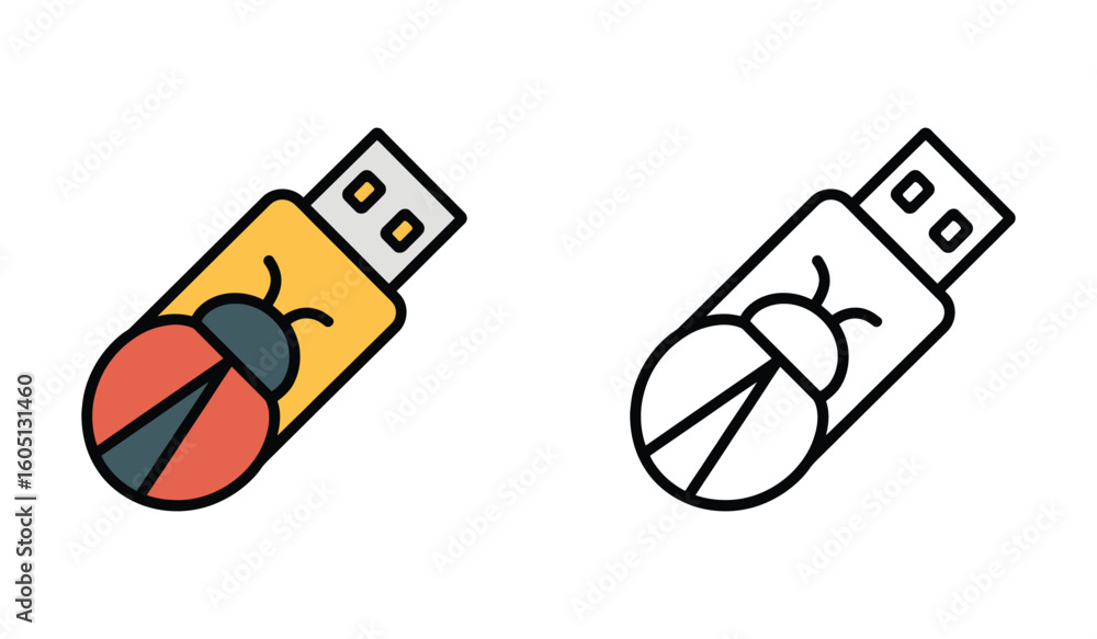 Poster colorful and black and white usb drives featuring an insect bug design for software debugging