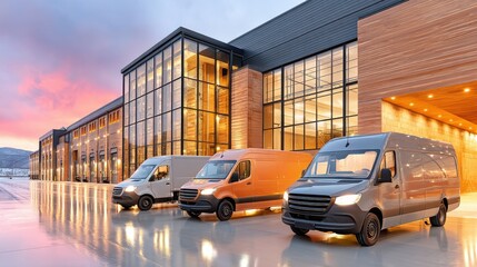 Obraz premium Modern warehouse exterior with delivery vans at sunrise