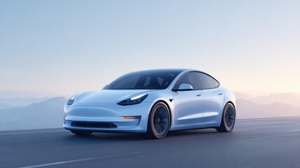 sleek electric car gliding silently on deserted highway minimalistic setting blue sky on horizon