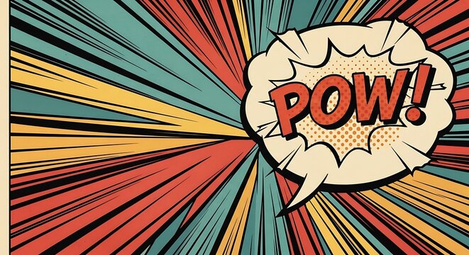 Colorful comic book explosion background with a speech bubble.